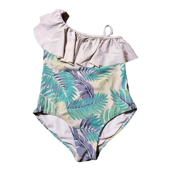 Janie and Jack Tropical Palm Leaf Fronds One Shoulder Ruffle Swimsuit Sz 12 - Picture 1 of 3